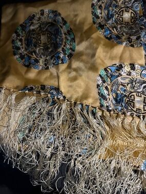 Silk-Look Gold Fringed Scarf with Blue & Teal Medallions
